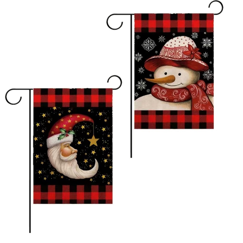 Set of 2 Santa Snowman Plaid Garden Flags 18x12